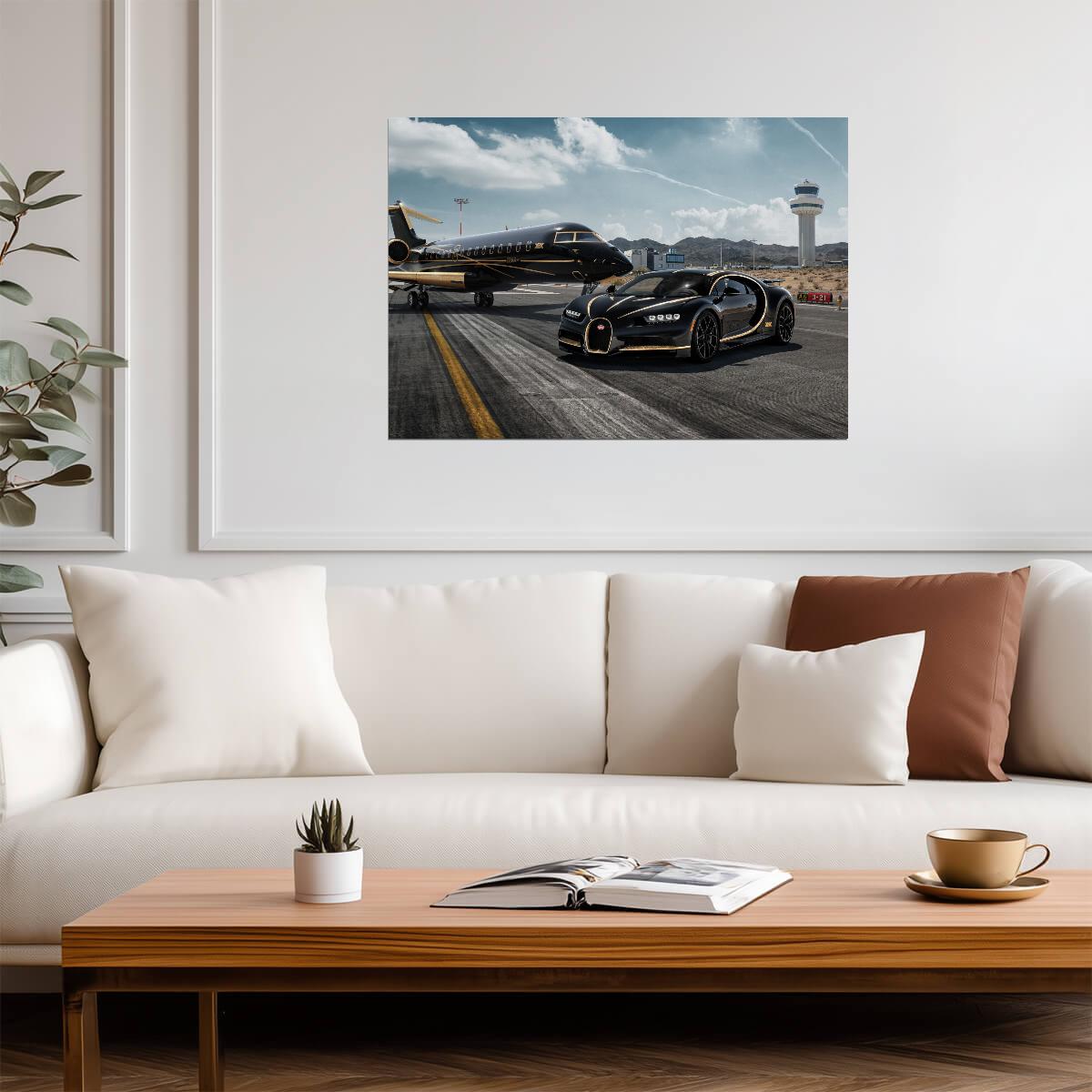 Bugatti Chiron & Private Jet | Black and Gold Hypercar Poster | Luxury Lifestyle Wall Art - Cars Poster