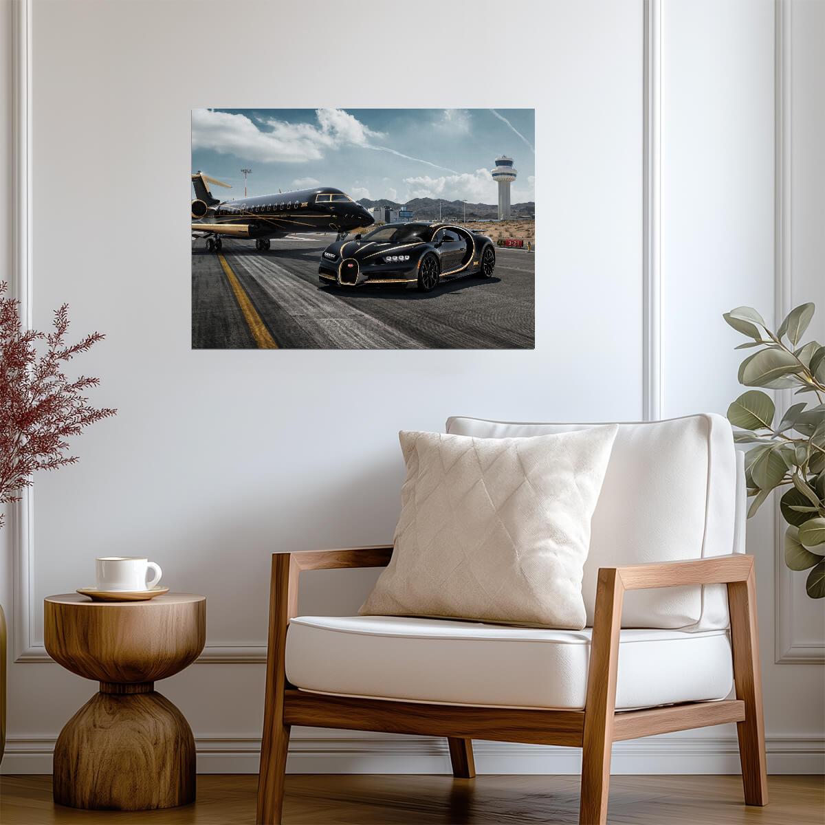 Bugatti Chiron & Private Jet | Black and Gold Hypercar Poster | Luxury Lifestyle Wall Art - Cars Poster