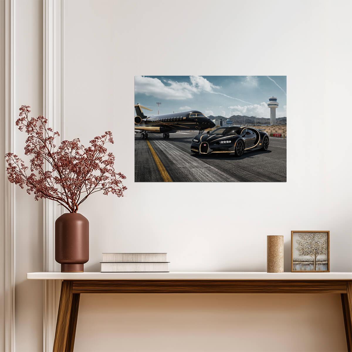 Bugatti Chiron & Private Jet | Black and Gold Hypercar Poster | Luxury Lifestyle Wall Art - Cars Poster