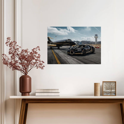 Bugatti Chiron & Private Jet | Black and Gold Hypercar Poster | Luxury Lifestyle Wall Art - Cars Poster