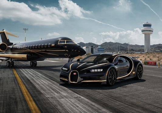 Bugatti Chiron & Private Jet | Black and Gold Hypercar Poster | Luxury Lifestyle Wall Art - Cars Poster