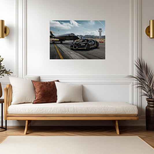 Bugatti Chiron & Private Jet | Black and Gold Hypercar Poster | Luxury Lifestyle Wall Art - Cars Poster