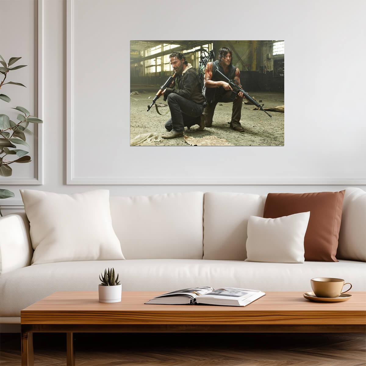 The Walking Dead Rick Grimes & Daryl Dixon | Crouching with Weapons | Action Horror Poster - Movies & TV Poster
