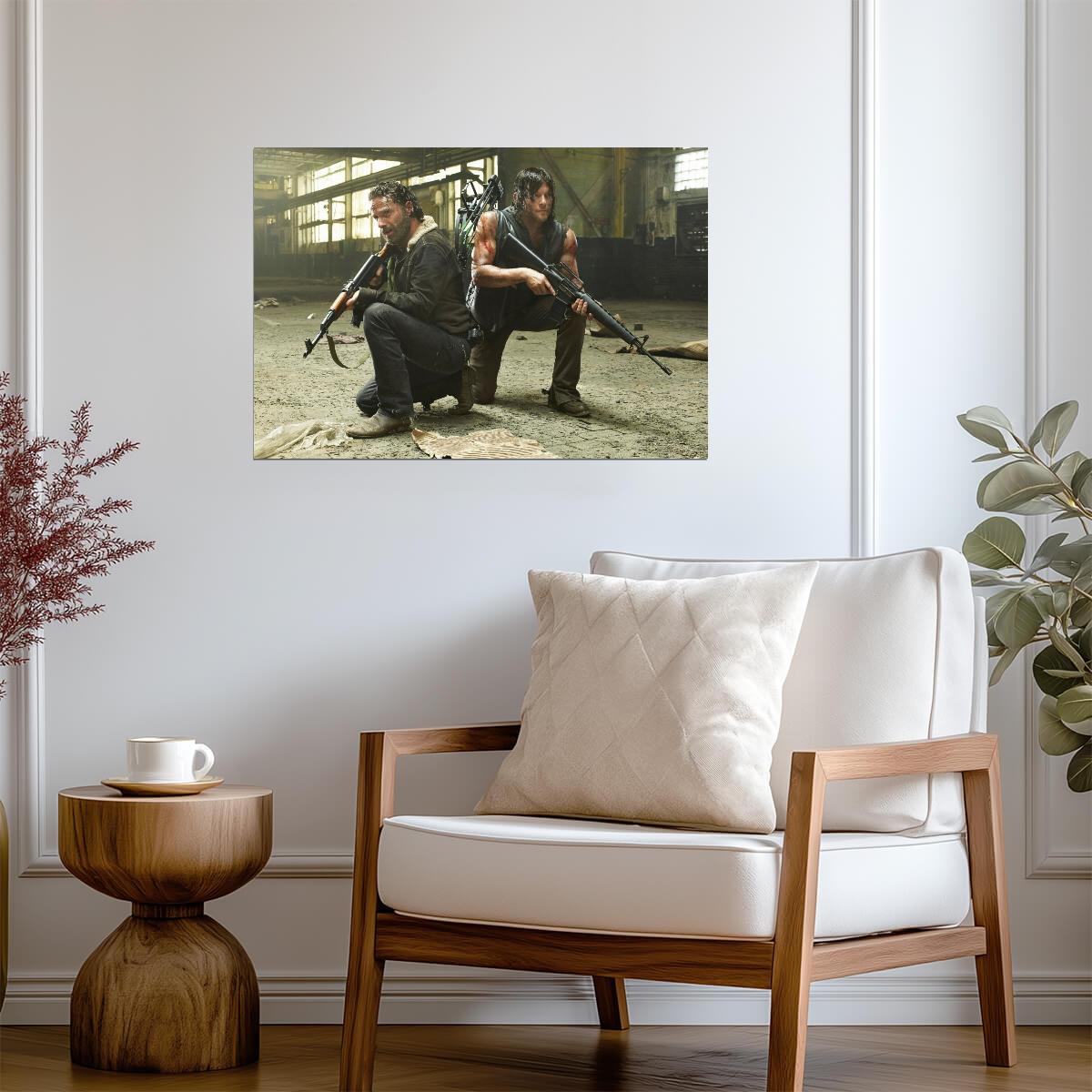 The Walking Dead Rick Grimes & Daryl Dixon | Crouching with Weapons | Action Horror Poster - Movies & TV Poster