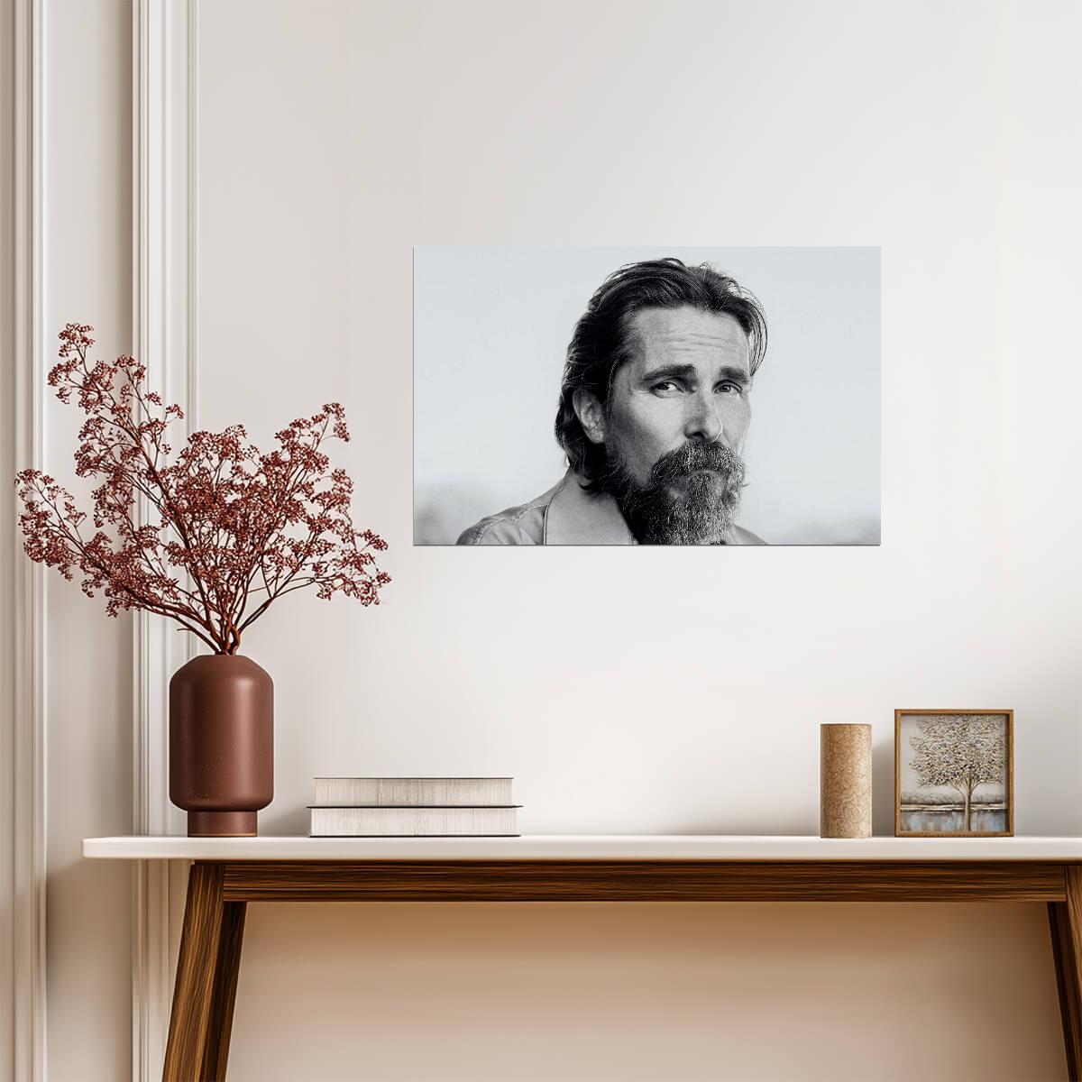 Christian Bale Black and White Portrait | Dramatic Actor Photo | Monochrome Wall Art Poster - Celebrities Poster