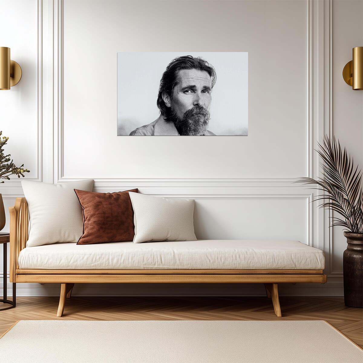 Christian Bale Black and White Portrait | Dramatic Actor Photo | Monochrome Wall Art Poster - Celebrities Poster