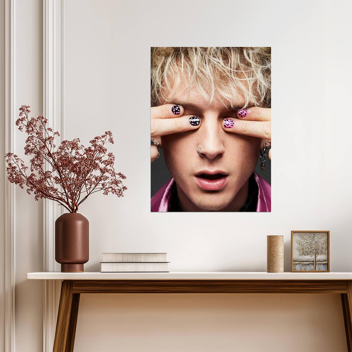 Machine Gun Kelly Covering Eyes | Pink Leopard Nail Art | Alternative Rock Poster - Music Poster