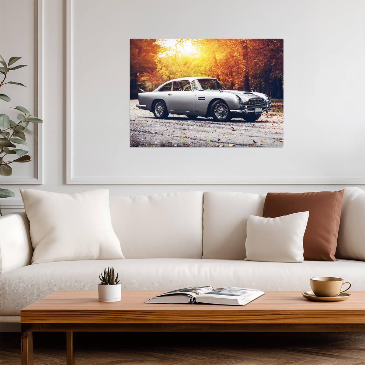 Aston Martin DB5 | Classic British Sports Car Poster | Vintage James Bond Car in Autumn - Cars Poster