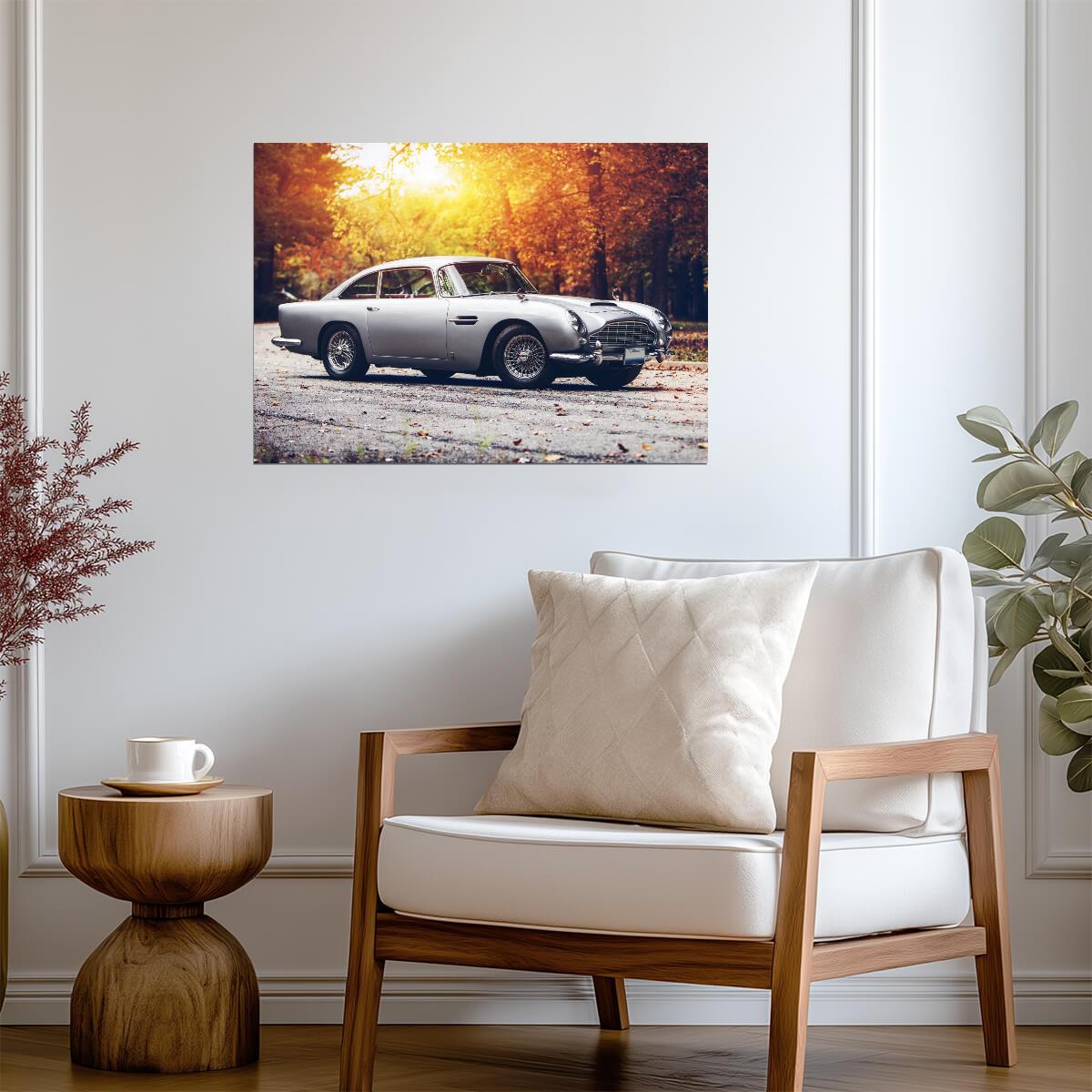Aston Martin DB5 | Classic British Sports Car Poster | Vintage James Bond Car in Autumn - Cars Poster