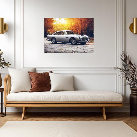 Aston Martin DB5 | Classic British Sports Car Poster | Vintage James Bond Car in Autumn - Cars Poster