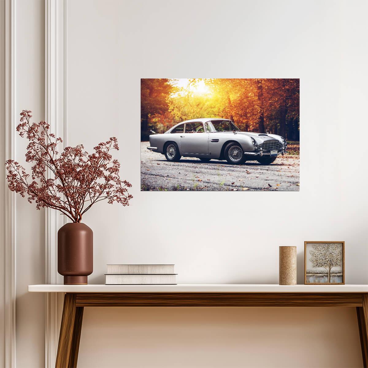 Aston Martin DB5 | Classic British Sports Car Poster | Vintage James Bond Car in Autumn - Cars Poster