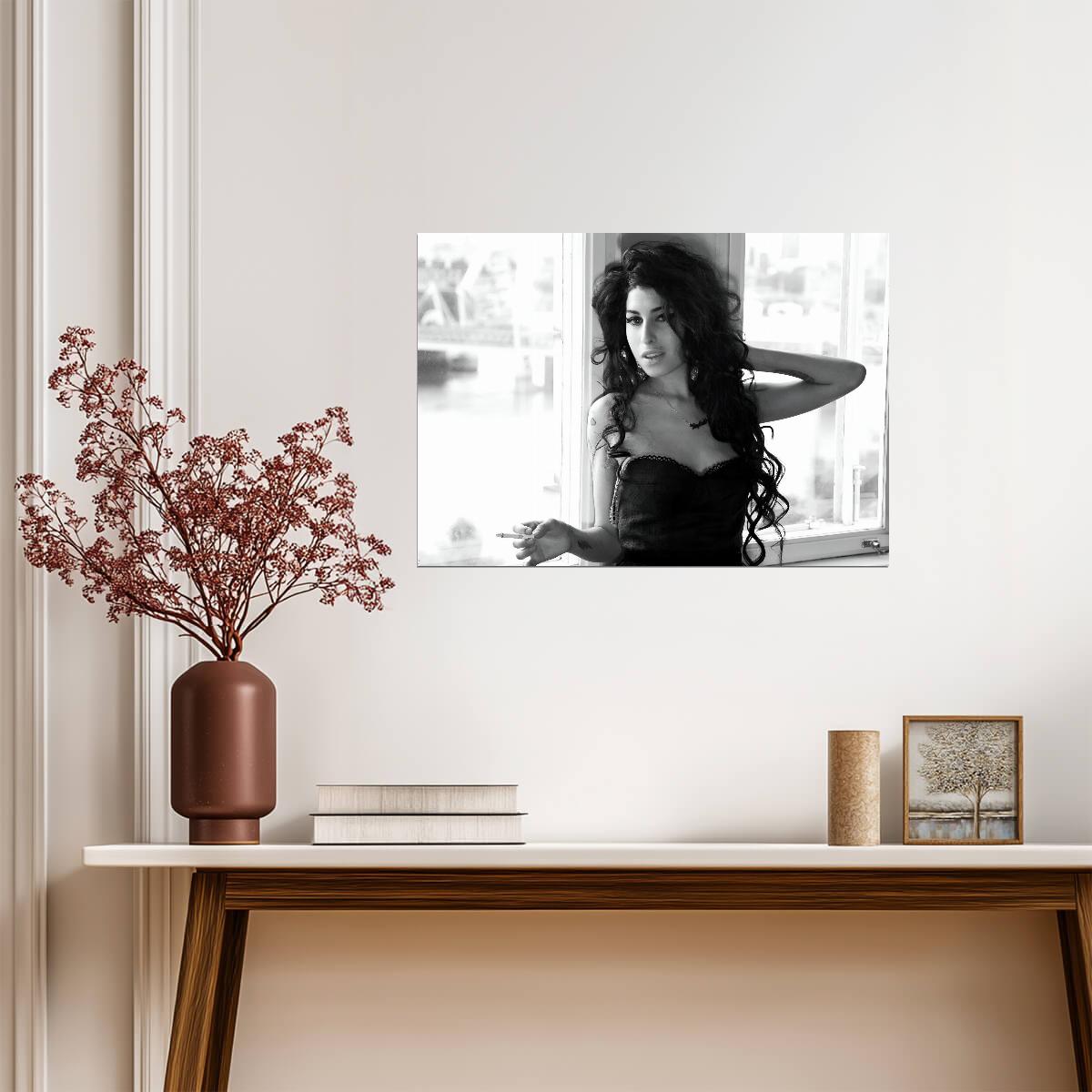 Amy Winehouse Smoking Portrait | Black and White Poster | Vintage Music Legend Art - Music Poster