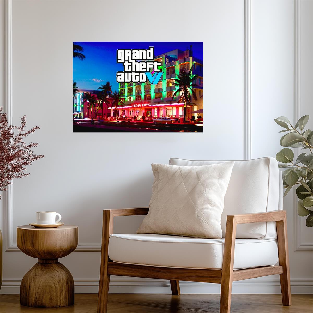 Grand Theft Auto VI Fan Art Ocean View Hotel | Vice City Neon Poster | Modern Gaming Wall Art - Video Games Poster