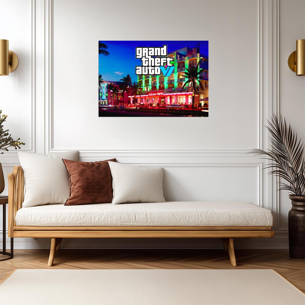 Grand Theft Auto VI Fan Art Ocean View Hotel | Vice City Neon Poster | Modern Gaming Wall Art - Video Games Poster