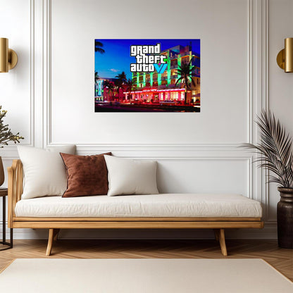 Grand Theft Auto VI Fan Art Ocean View Hotel | Vice City Neon Poster | Modern Gaming Wall Art - Video Games Poster