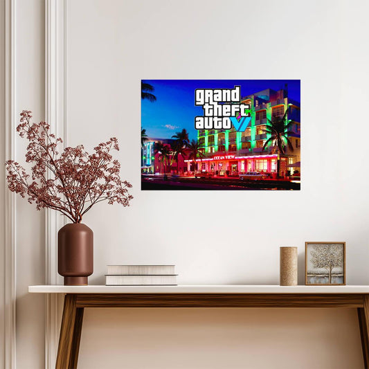 Grand Theft Auto VI Fan Art Ocean View Hotel | Vice City Neon Poster | Modern Gaming Wall Art - Video Games Poster