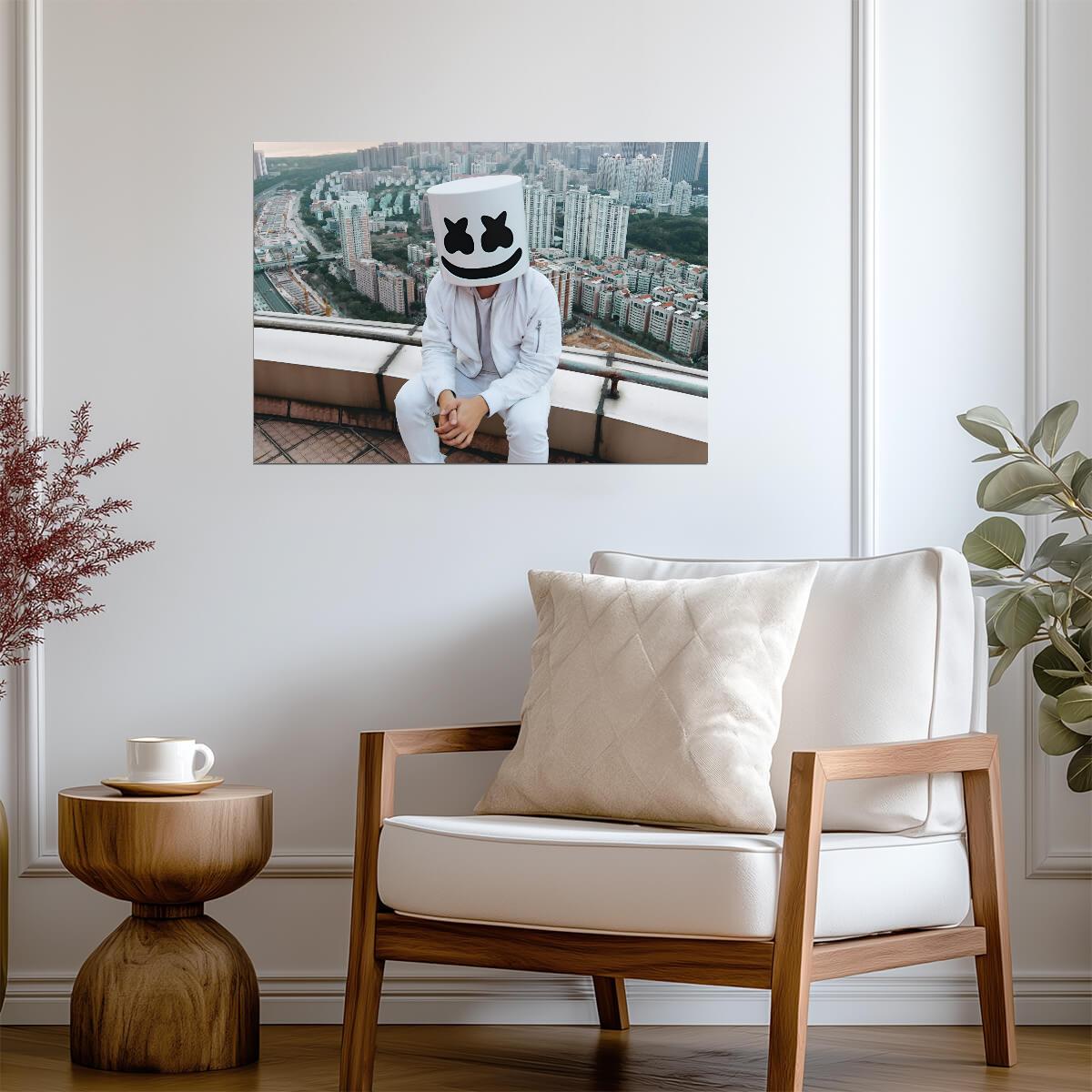Marshmello Sitting on Rooftop | City Skyline View | Electronic Music Poster - Music Poster