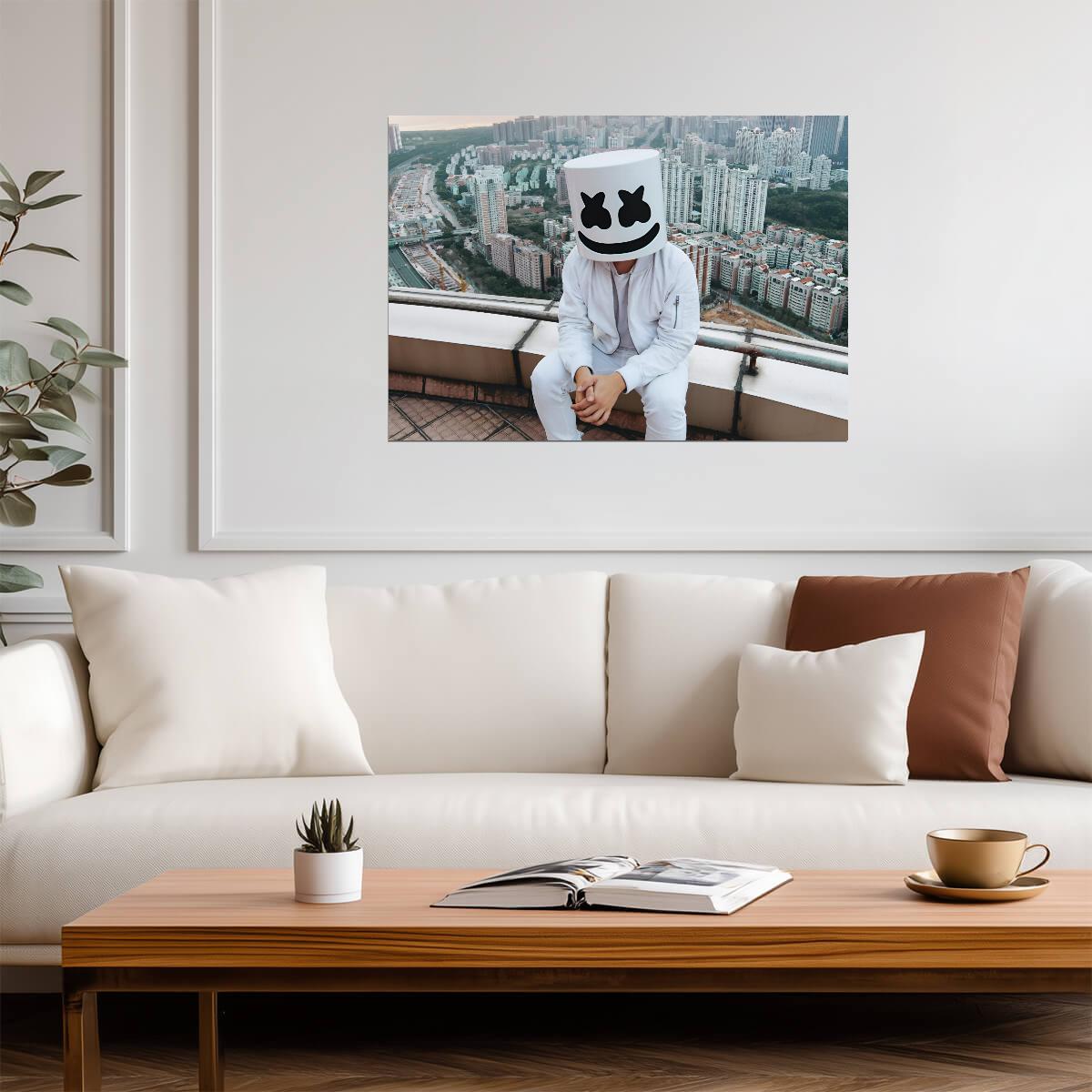 Marshmello Sitting on Rooftop | City Skyline View | Electronic Music Poster - Music Poster