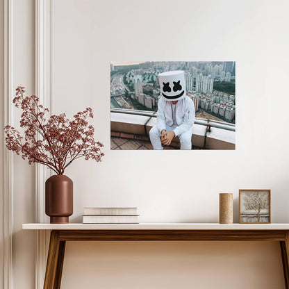 Marshmello Sitting on Rooftop | City Skyline View | Electronic Music Poster - Music Poster