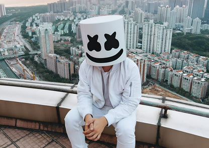 Marshmello Sitting on Rooftop | City Skyline View | Electronic Music Poster - Music Poster