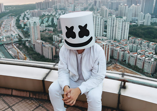 Marshmello Sitting on Rooftop | City Skyline View | Electronic Music Poster - Music Poster