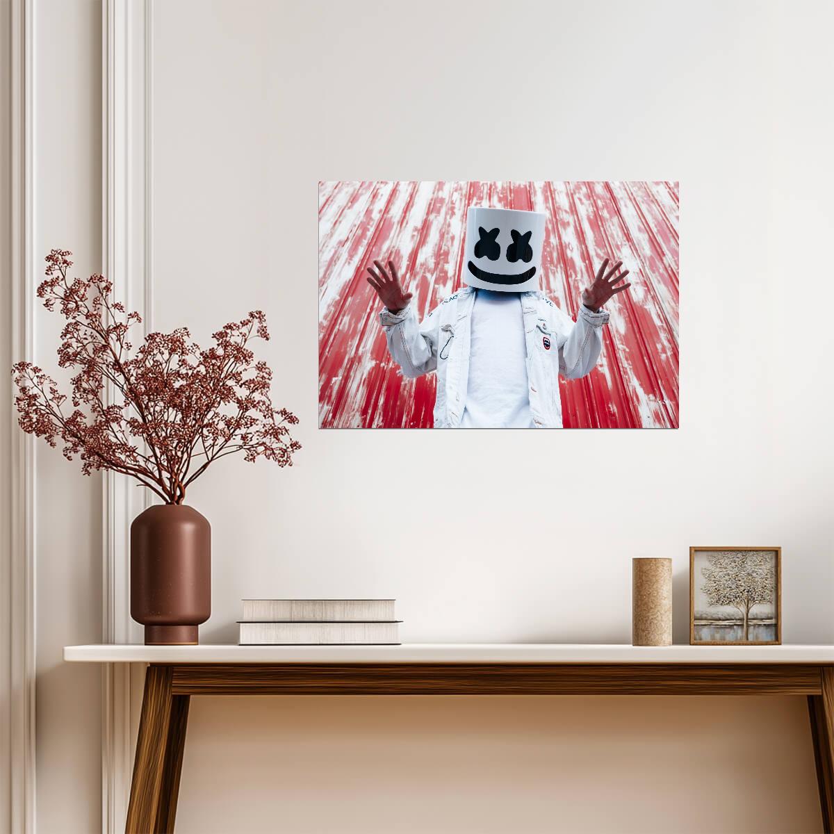 Marshmello Red Wall | White Denim Jacket Portrait | DJ Fan Gift Poster - Music Poster
