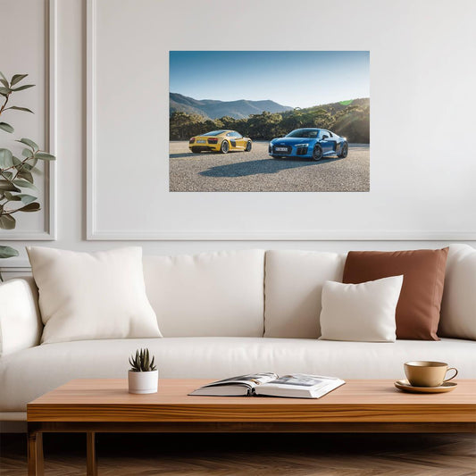 Two Audi R8 V10 Plus (Gen 2) | Blue & Yellow Supercars Poster | German Sports Cars in Mountains - Cars Poster