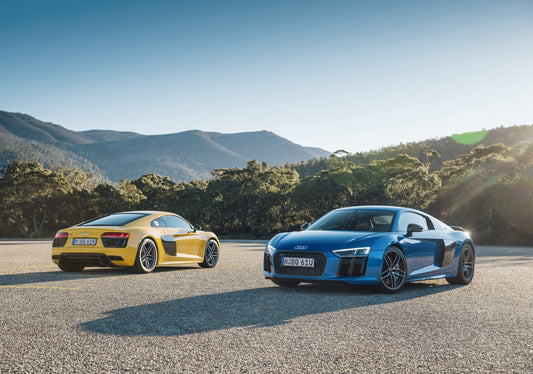 Two Audi R8 V10 Plus (Gen 2) | Blue & Yellow Supercars Poster | German Sports Cars in Mountains - Cars Poster