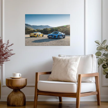 Two Audi R8 V10 Plus (Gen 2) | Blue & Yellow Supercars Poster | German Sports Cars in Mountains - Cars Poster