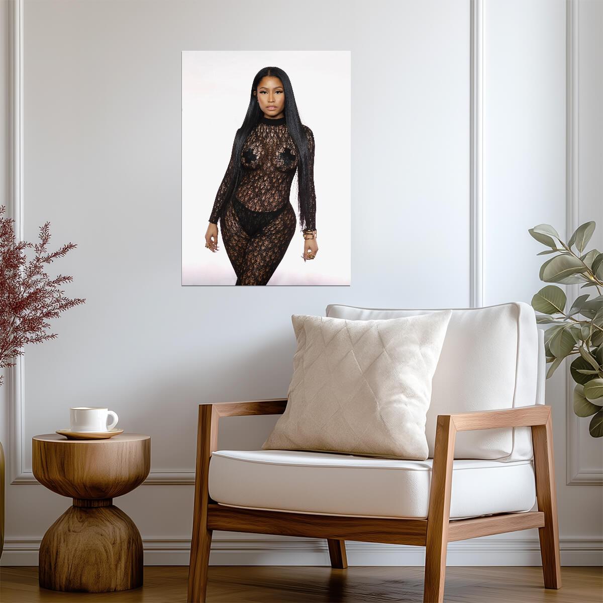 Nicki Minaj Black Lace Bodysuit | See Through Outfit Poster | Sexy Hip Hop Star - Music Poster