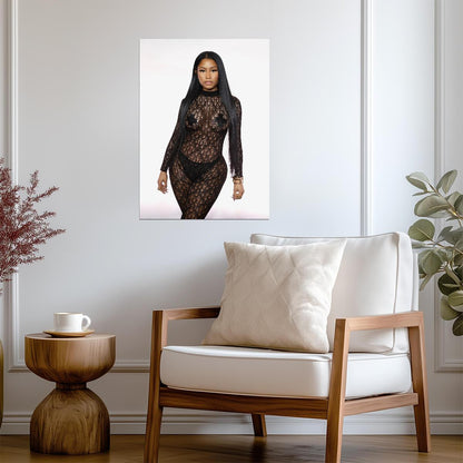 Nicki Minaj Black Lace Bodysuit | See Through Outfit Poster | Sexy Hip Hop Star - Music Poster