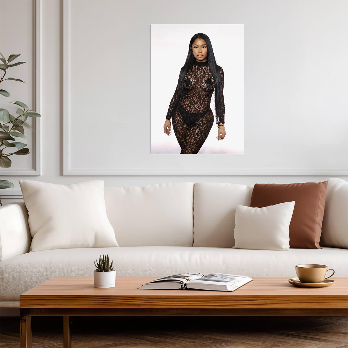 Nicki Minaj Black Lace Bodysuit | See Through Outfit Poster | Sexy Hip Hop Star - Music Poster