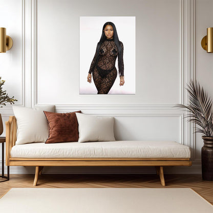 Nicki Minaj Black Lace Bodysuit | See Through Outfit Poster | Sexy Hip Hop Star - Music Poster