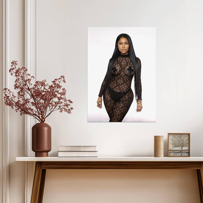 Nicki Minaj Black Lace Bodysuit | See Through Outfit Poster | Sexy Hip Hop Star - Music Poster