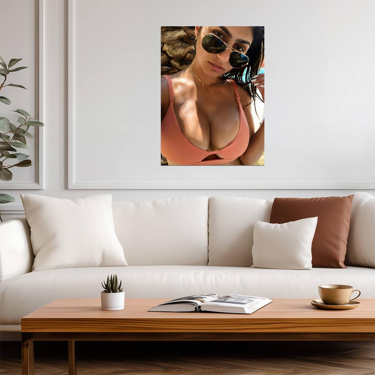 Mia Khalifa Sunglasses Portrait | Pink Bikini Top | Summer Vibes Wall Art Poster - Celebrities Poster
