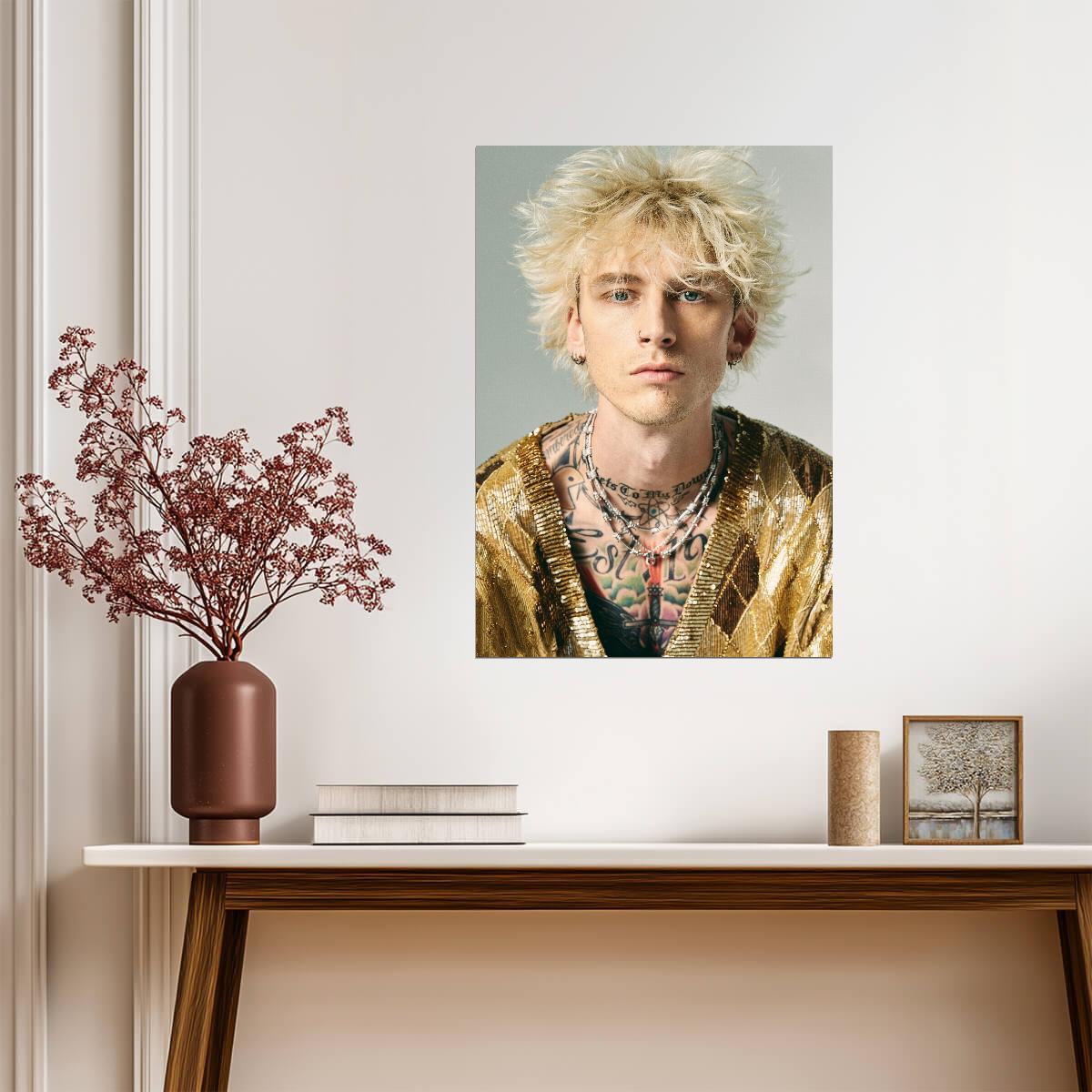Machine Gun Kelly Gold Outfit | MGK Tattooed Portrait | Pop Punk Music Poster - Music Poster