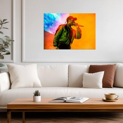 Travis Scott Green Jacket | Live Concert with Orange Smoke | Rapper Wall Art Poster - Music Poster