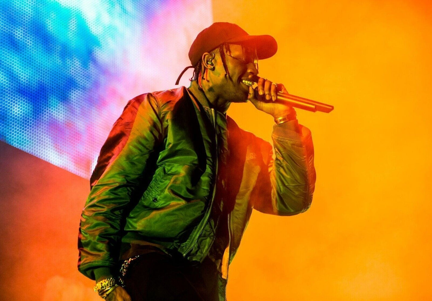 Travis Scott Green Jacket | Live Concert with Orange Smoke | Rapper Wall Art Poster - Music Poster