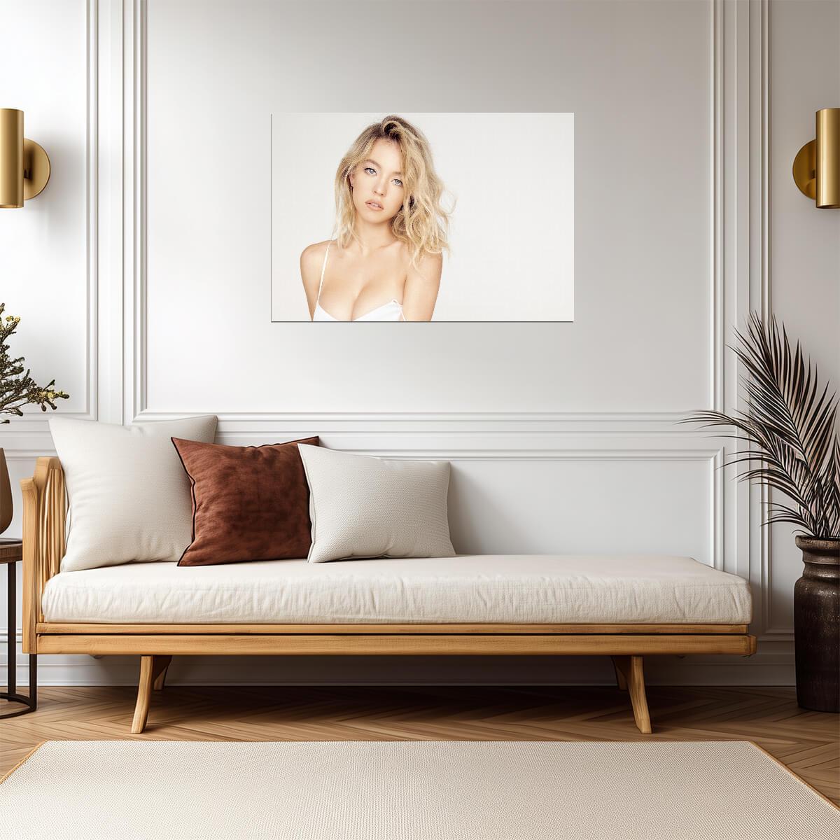 Sydney Sweeney White Dress | Blonde Hair Portrait | Celebrity Fan Art Poster - Celebrities Poster