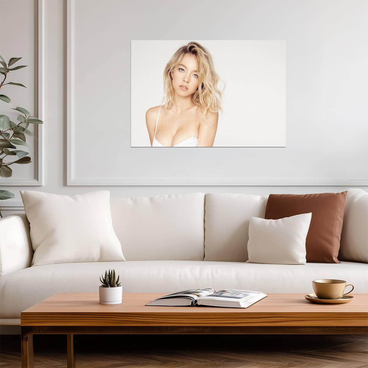Sydney Sweeney White Dress | Blonde Hair Portrait | Celebrity Fan Art Poster - Celebrities Poster