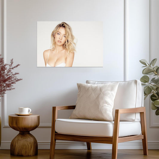 Sydney Sweeney White Dress | Blonde Hair Portrait | Celebrity Fan Art Poster - Celebrities Poster