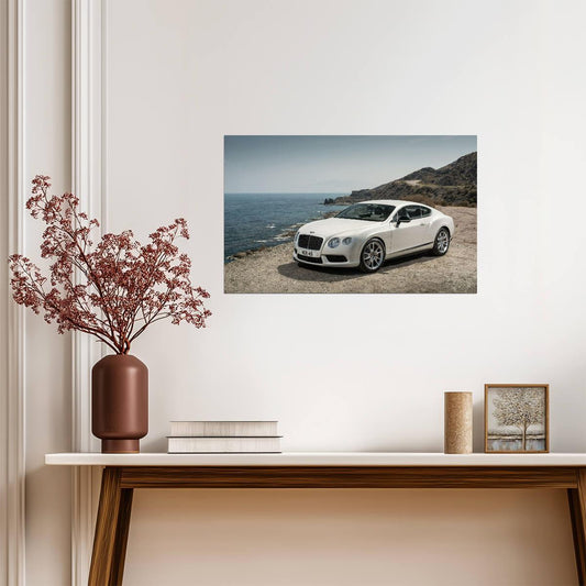 Bentley Continental GT V8 S | Luxury Coupe Poster | White Grand Tourer on Coastal Road - Cars Poster