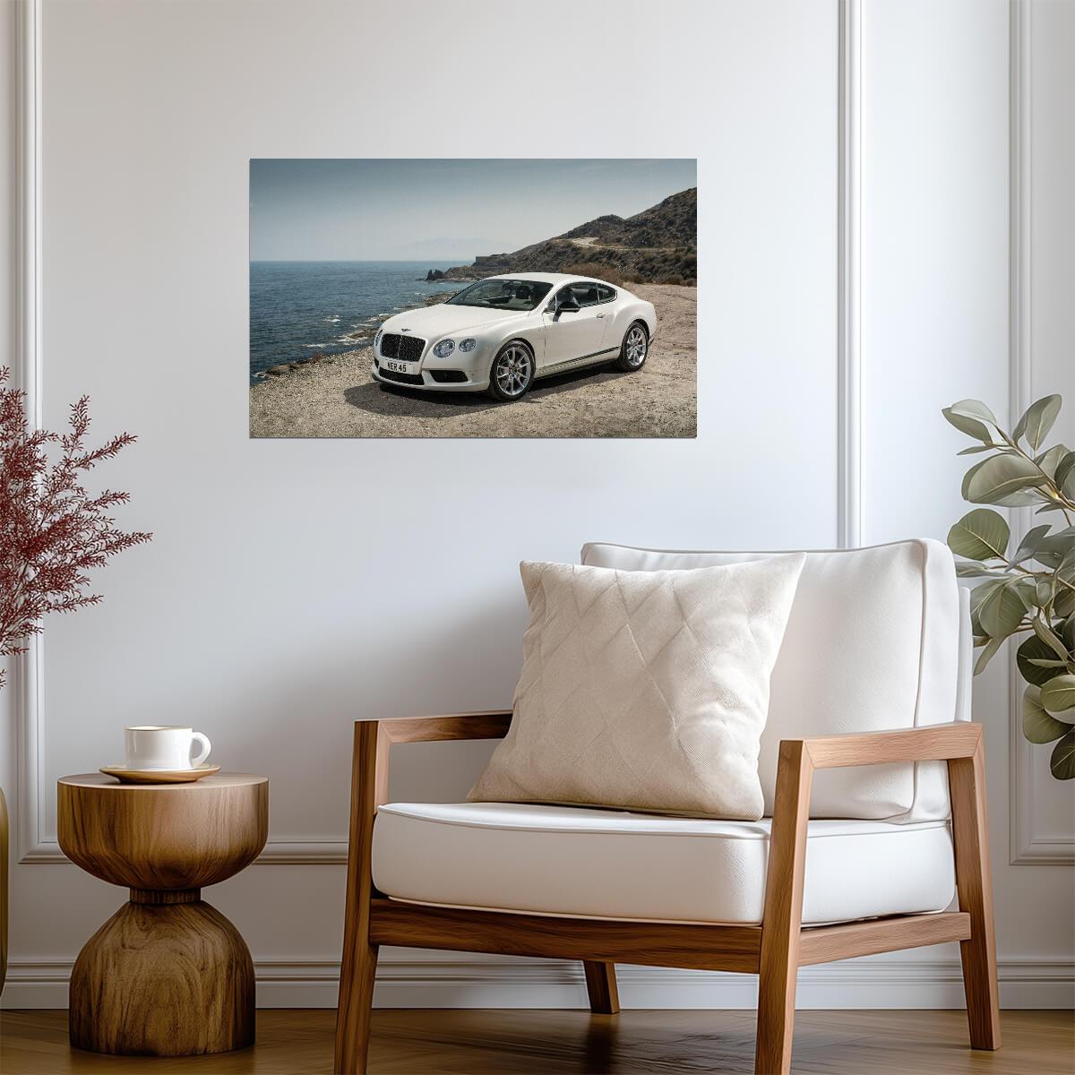 Bentley Continental GT V8 S | Luxury Coupe Poster | White Grand Tourer on Coastal Road - Cars Poster