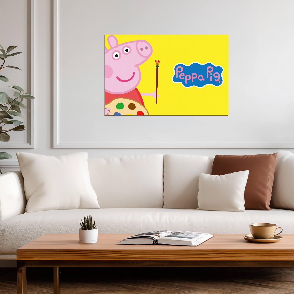 Peppa Pig with Paintbrush | Yellow Background Art | Creative Nursery Poster - Movies & TV Poster