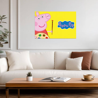 Peppa Pig with Paintbrush | Yellow Background Art | Creative Nursery Poster - Movies & TV Poster