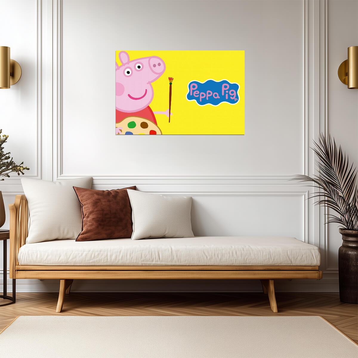 Peppa Pig with Paintbrush | Yellow Background Art | Creative Nursery Poster - Movies & TV Poster