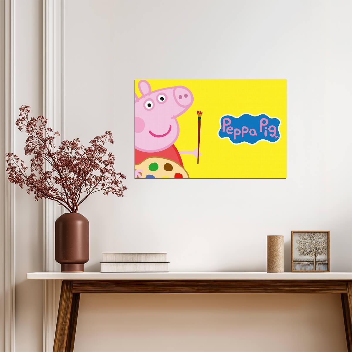Peppa Pig with Paintbrush | Yellow Background Art | Creative Nursery Poster - Movies & TV Poster