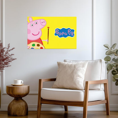 Peppa Pig with Paintbrush | Yellow Background Art | Creative Nursery Poster - Movies & TV Poster