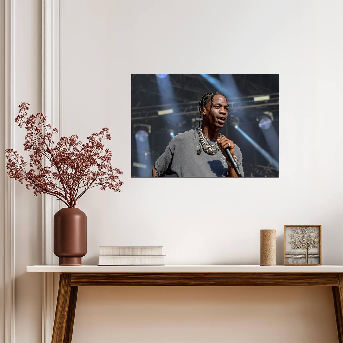 Travis Scott Grey Tee & Chains | Live Singing Portrait | Rap Music Star Poster - Music Poster