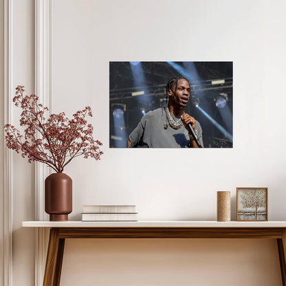 Travis Scott Grey Tee & Chains | Live Singing Portrait | Rap Music Star Poster - Music Poster